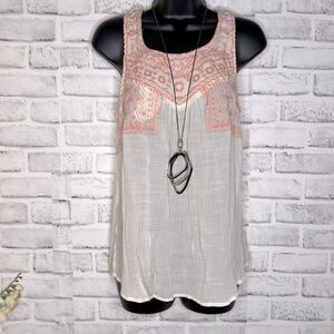 Sweet Wanderer Cream and Pink Embroidered Tank Top